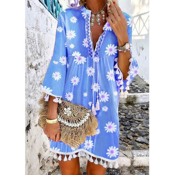 Damen Strandkleid mit floralen Motiven und Quastenverzierungen Drune