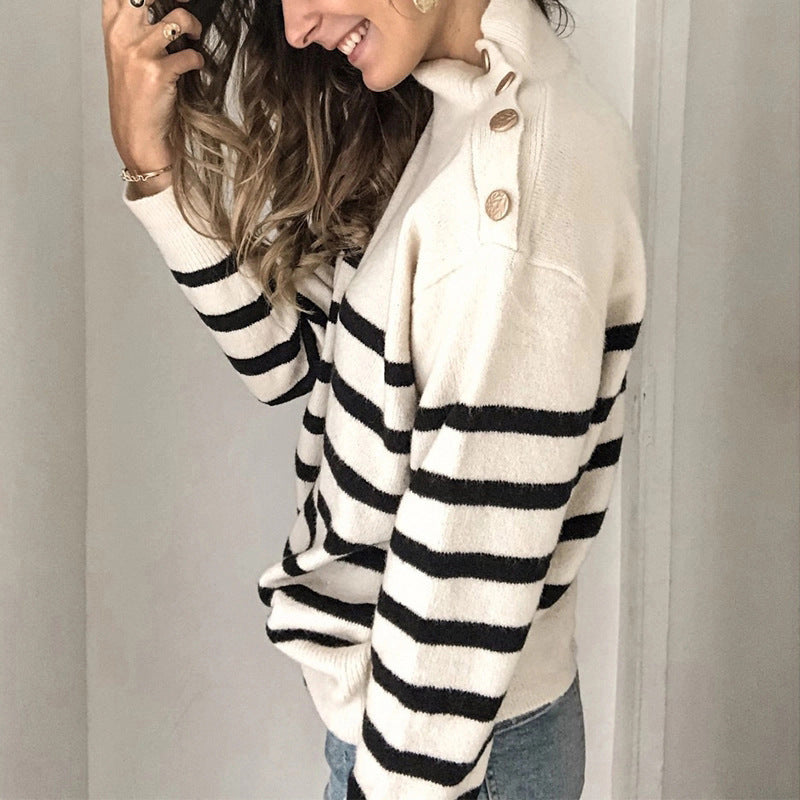 Damen modernes Stripedesign Pullover mit Rollkragen und Knopfdetails Drune