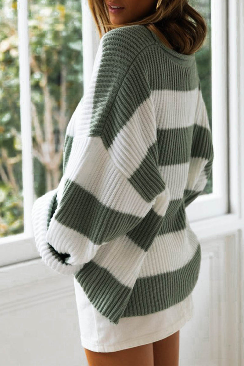 Drune | Modische süße gestreifte Kontrast-O-Ausschnitt Pullover