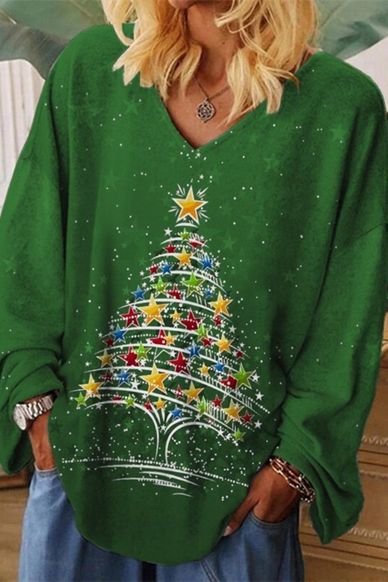 Drune | Lässige Weihnachtsbaum gedruckte Patchwork V-Ausschnitt Tops