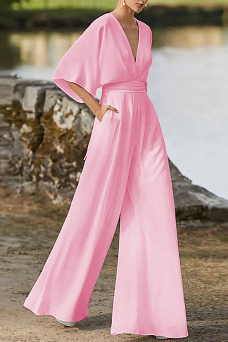Drune | Elegante Einfarbige V-Ausschnitt Boot Cut Jumpsuits