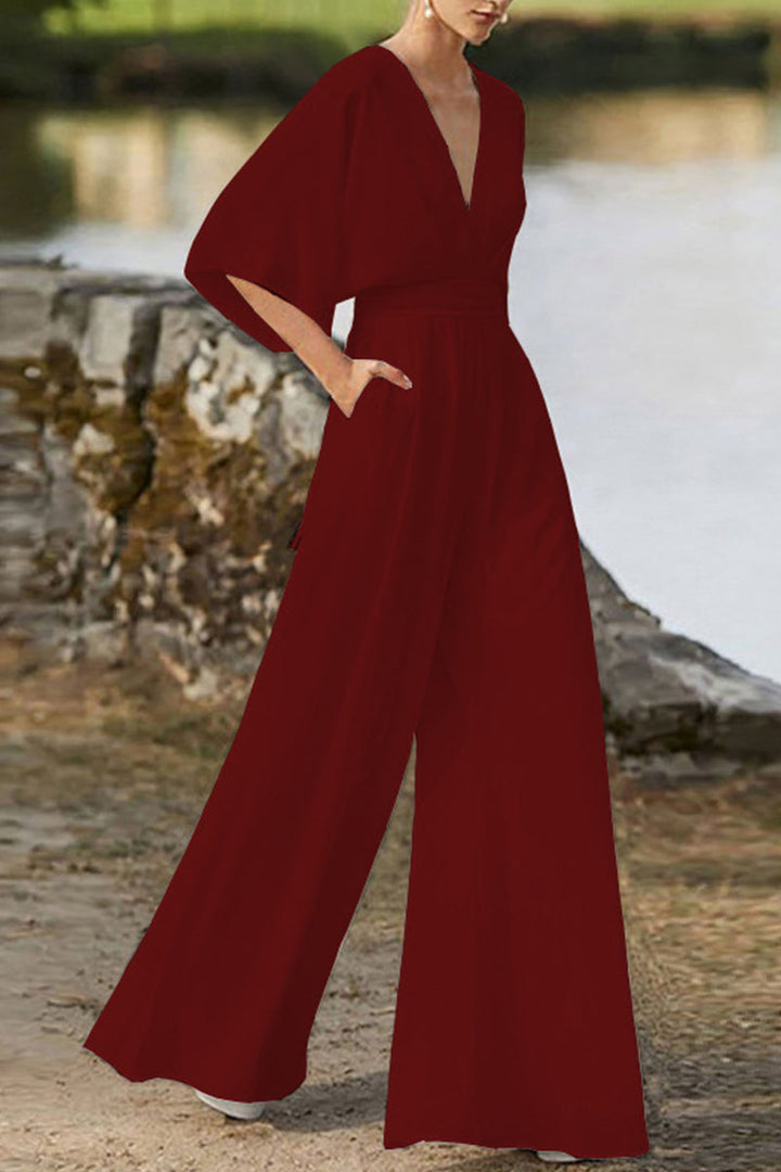Drune | Elegante Einfarbige V-Ausschnitt Boot Cut Jumpsuits