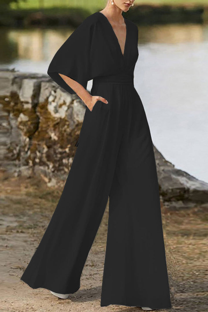 Drune | Elegante Einfarbige V-Ausschnitt Boot Cut Jumpsuits