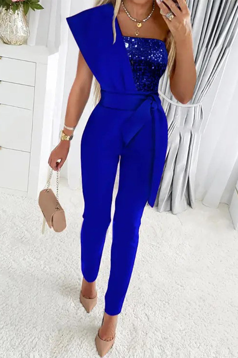 Drune | Süß Elegante Patchwork Pailletten Asymmetrischer Kragen Reguläre Jumpsuits- 5 Farben