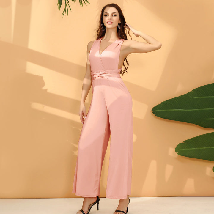 Damen eleganter Jumpsuit mit tiefem V-Ausschnitt und innovativer Wickeloptik Drune