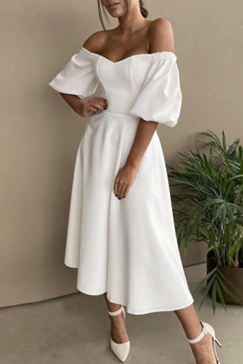 Drune | Elegante Einfarbige Off The Shoulder A-Linie Kurze Ärmel Kleid