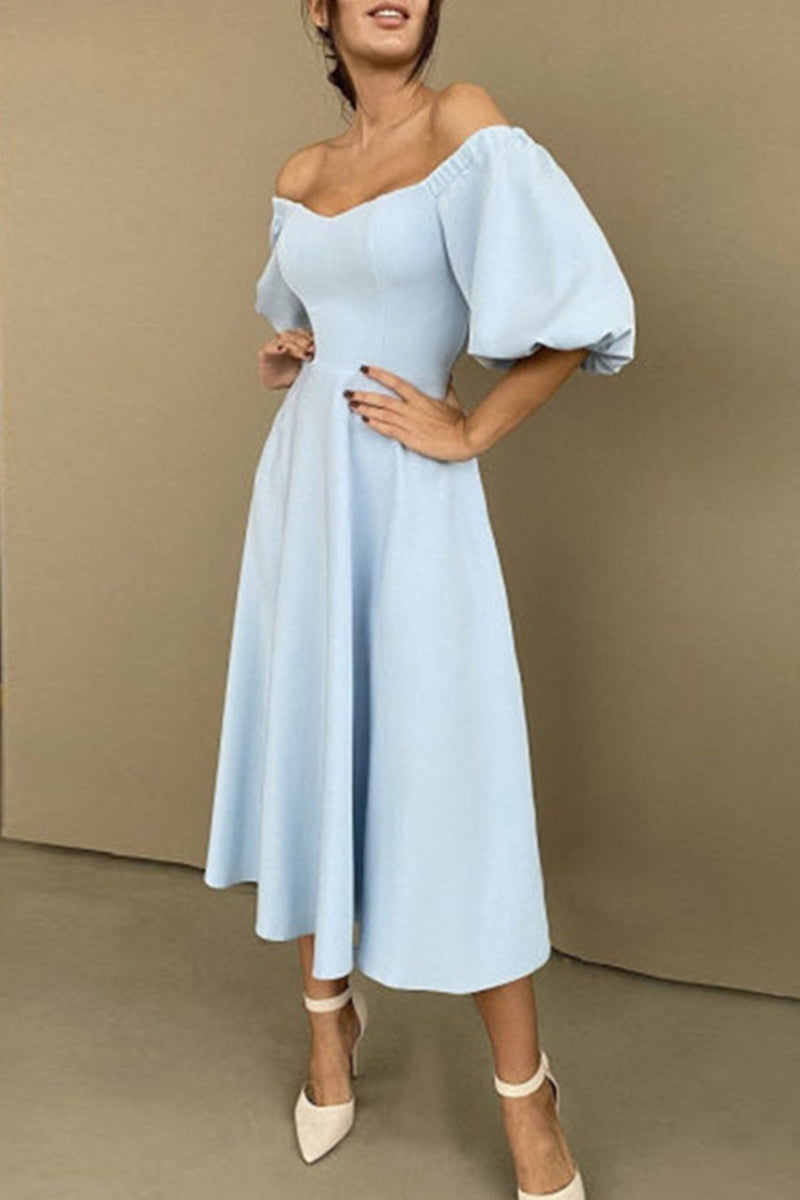 Drune | Elegante Einfarbige Off The Shoulder A-Linie Kurze Ärmel Kleid