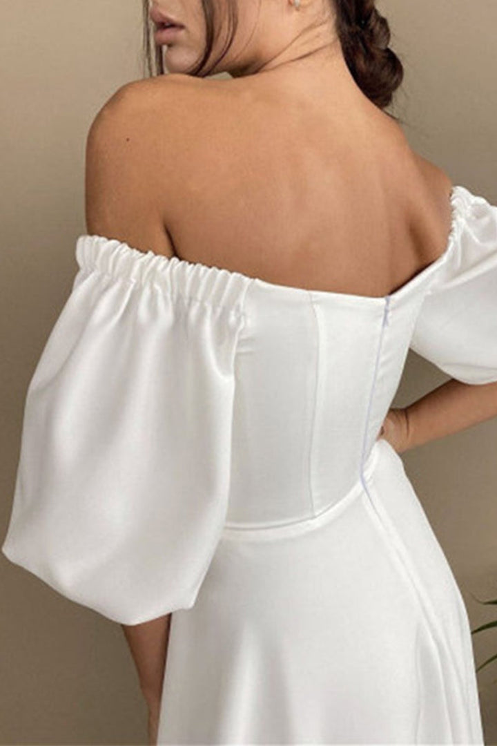 Drune | Elegante Einfarbige Off The Shoulder A-Linie Kurze Ärmel Kleid