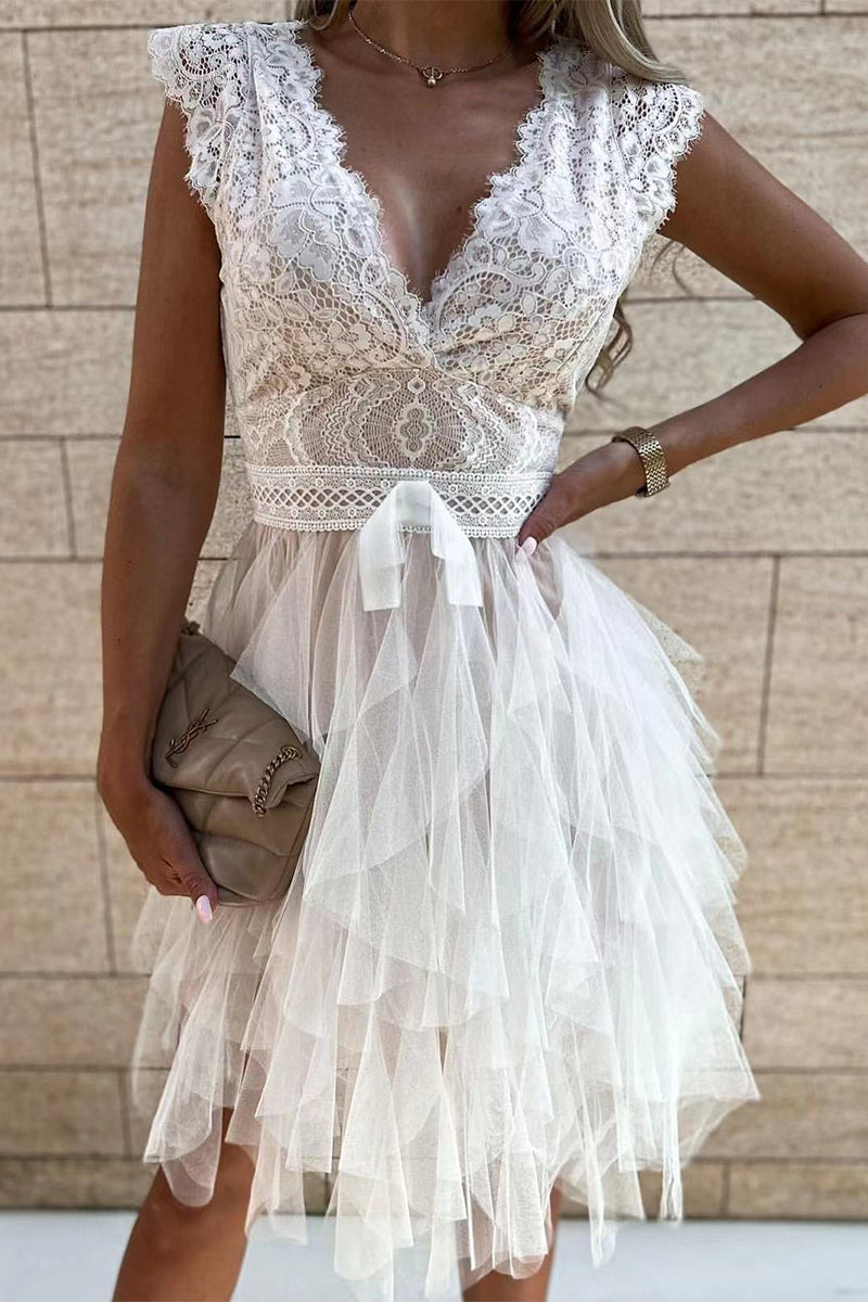 Drune | Süß Elegant Fest Mesh V-Ausschnitt Unregelmäßig Kleid Kleider