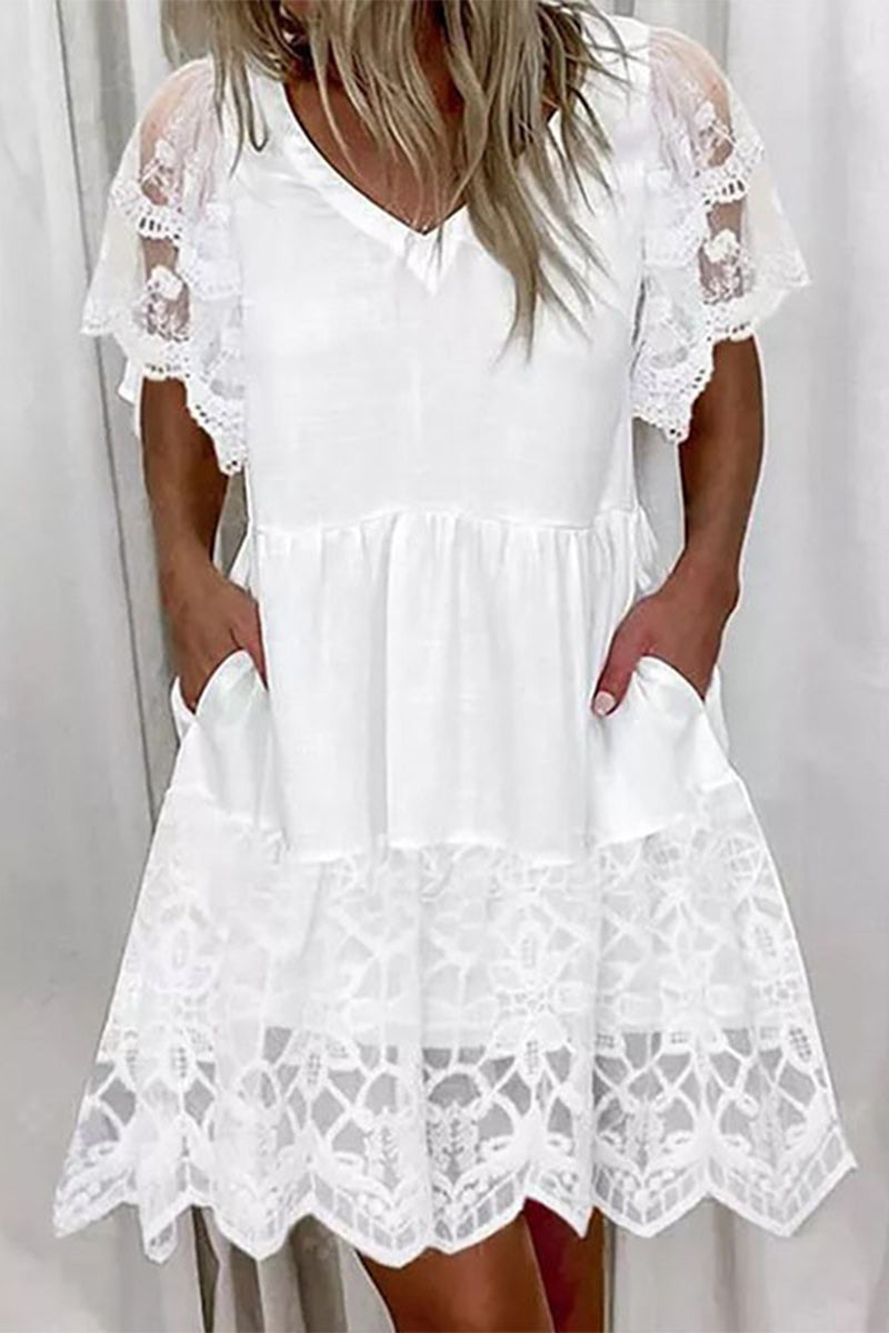 Drune | Süß Elegant Fest Solid Spitze Tasche A-Linie Kurze Ärmel Kleid