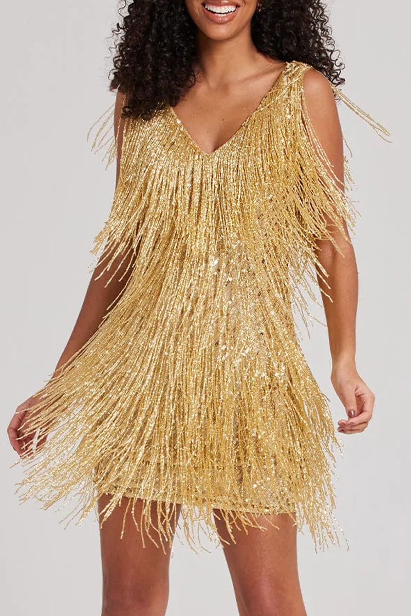 Drune | Sexy Party Einfarbig Quasten V-Ausschnitt Weste Kleid Kleider- 6 Farben