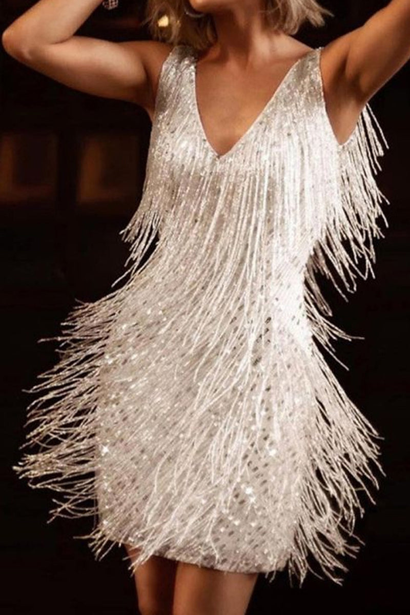 Drune | Sexy Party Einfarbig Quasten V-Ausschnitt Weste Kleid Kleider- 6 Farben