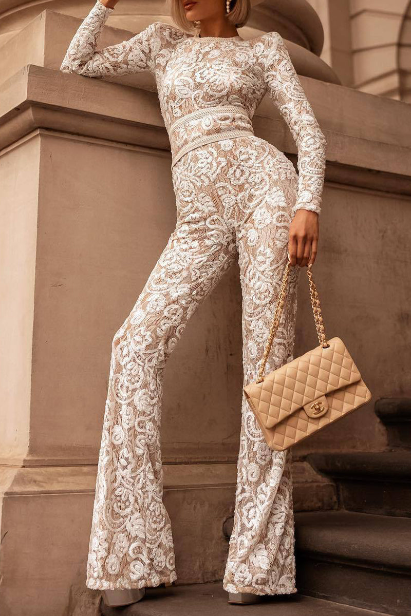 Drune | Prominente Elegante Einfarbige Spitze Patchwork mit Gürtel O-Hals Reguläre Jumpsuits