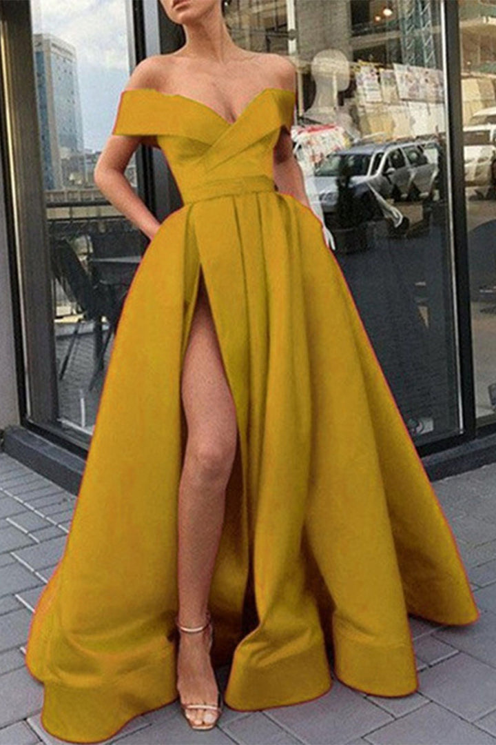 Drune | Elegantes Formelles Einfarbiges Schlitz V-Ausschnitt Abendkleid Kleider- 12 Farben