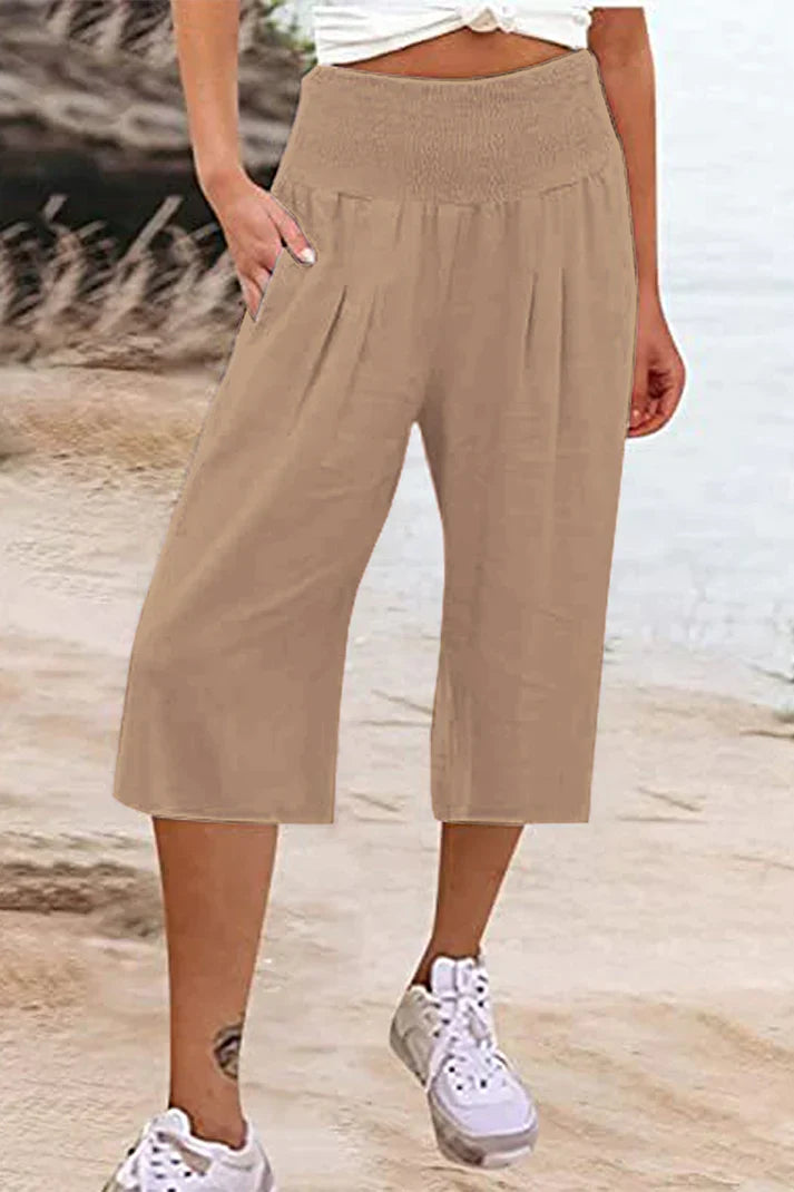 Drune - Einfache Hose mit hoher Taille und weitem Bein, einfarbig, mittlere Länge