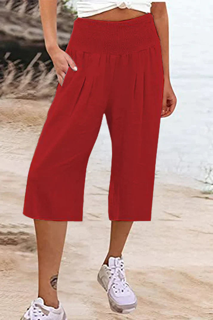 Drune - Einfache Hose mit hoher Taille und weitem Bein, einfarbig, mittlere Länge