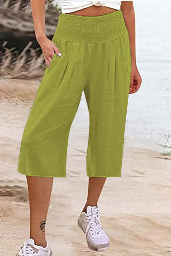 Drune - Einfache Hose mit hoher Taille und weitem Bein, einfarbig, mittlere Länge