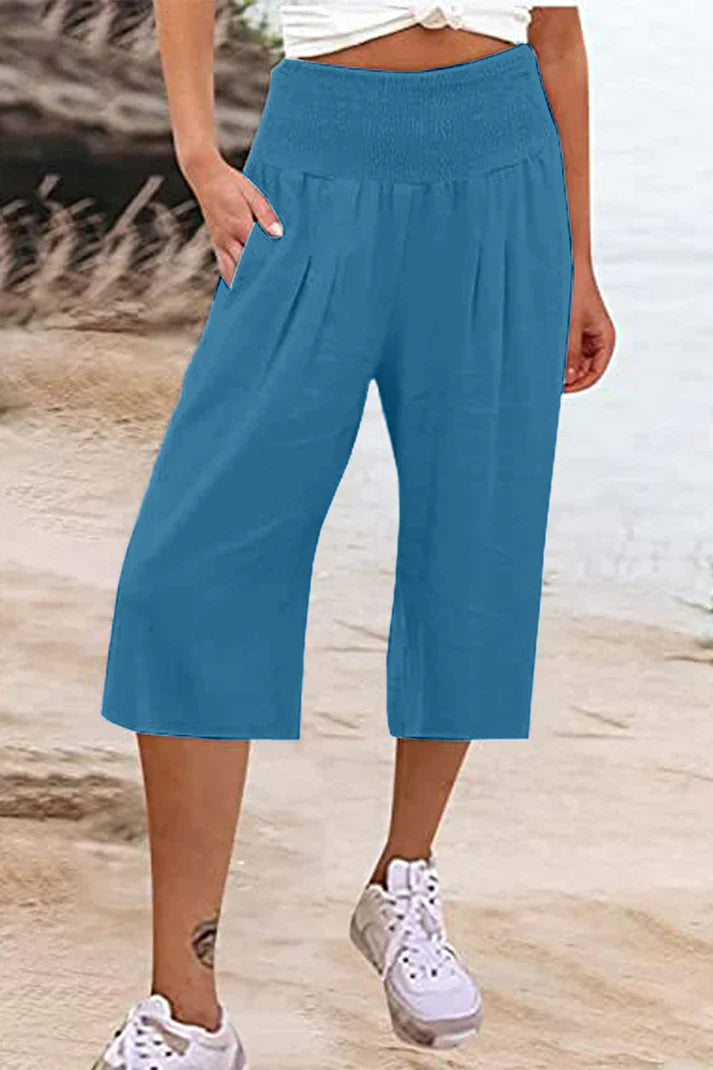 Drune - Einfache Hose mit hoher Taille und weitem Bein, einfarbig, mittlere Länge