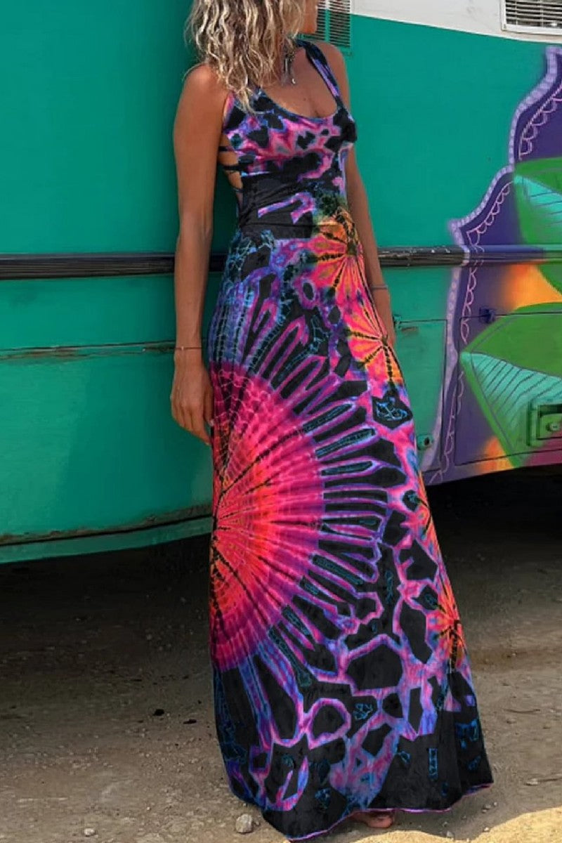 Drune | Lässiges Print Rückenausschnitt U Neck Weste Kleid Kleider - 3 Farben