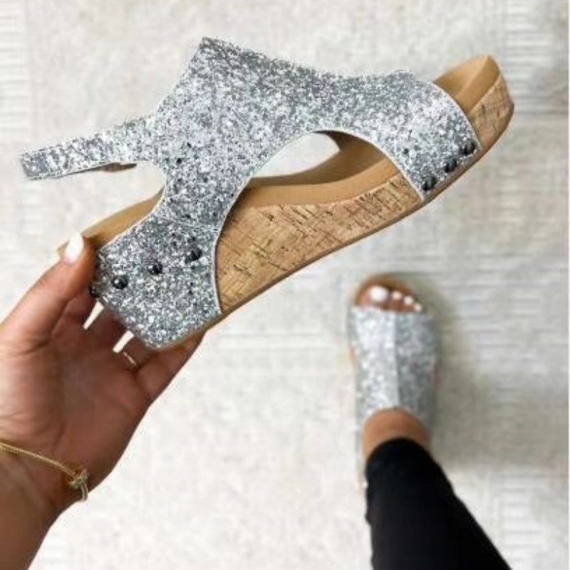 Drune | Lässige Ausgehöhlte Pailletten Patchwork Fischmund Outdoor Wedges Schuhe
