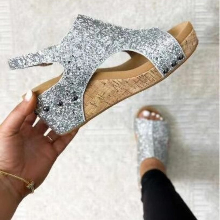 Drune | Lässige Ausgehöhlte Pailletten Patchwork Fischmund Outdoor Wedges Schuhe