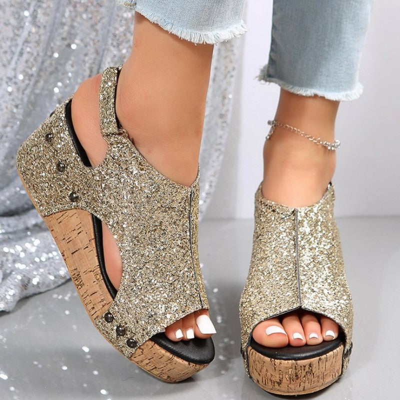 Drune | Lässige Ausgehöhlte Pailletten Patchwork Fischmund Outdoor Wedges Schuhe