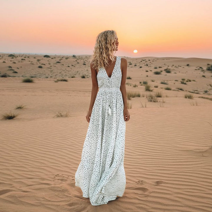Drune | Bohemian-Patchwork-Kleid Mit V-Ausschnitt Und A-Linie In Punkten
