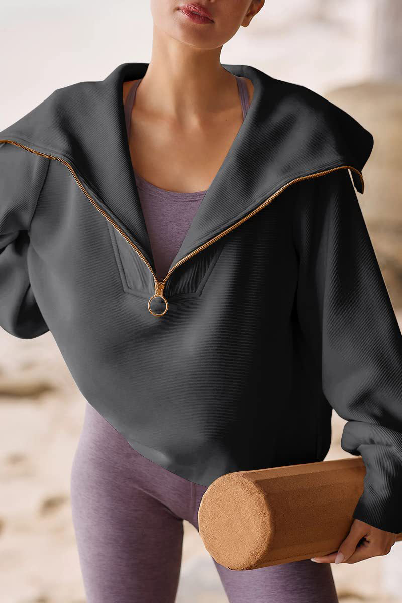 Drune | Eleganter Damen-Pullover mit Umlegekragen und halbem Reißverschluss
