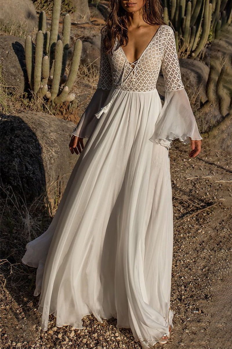 Drune | Sexy Einfarbig Spitze V-Ausschnitt Abendkleid Kleider