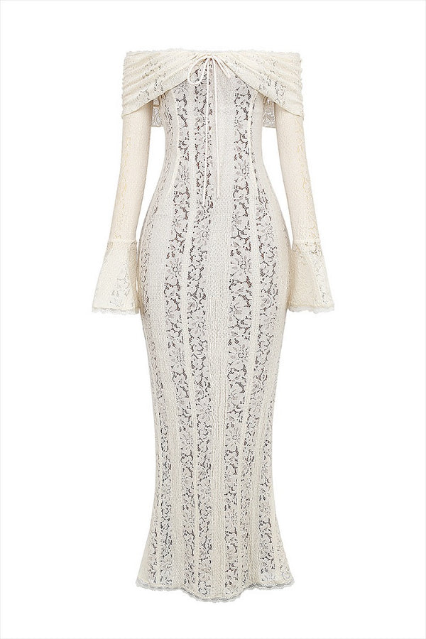 Drune | Blumen Spitze Off Shoulder Flare Ärmel Fishtail Maxi Kleider - Weiß