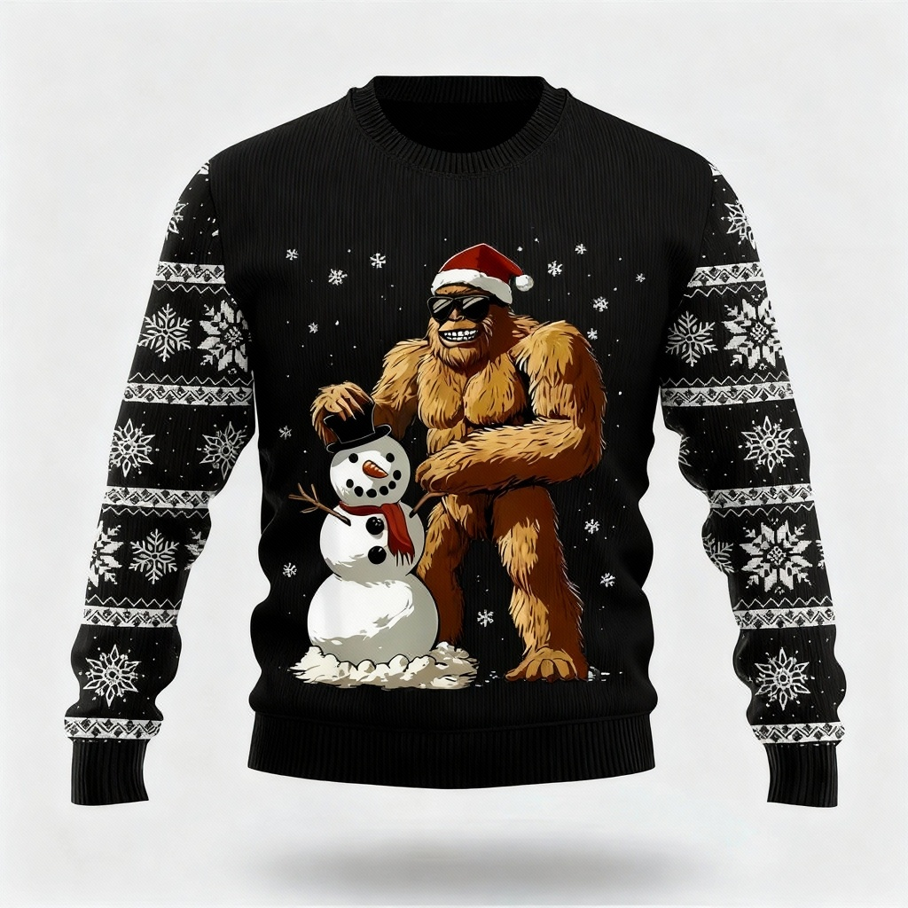 Drune | Lustiges Tier- und Schneemann-Musterdesign - Schwarzer Feiertagsikonen-Pullover