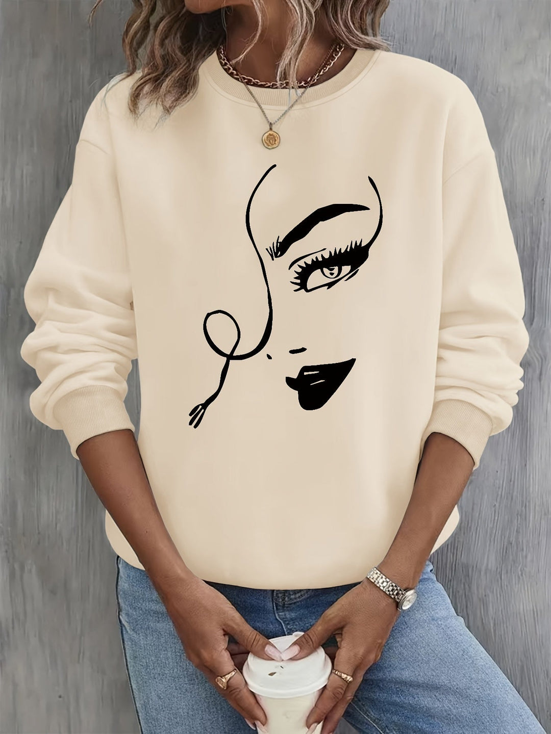 Drune | Sweatshirt mit Künstlerischem Gesicht Baumwolle Trendy und Bequem