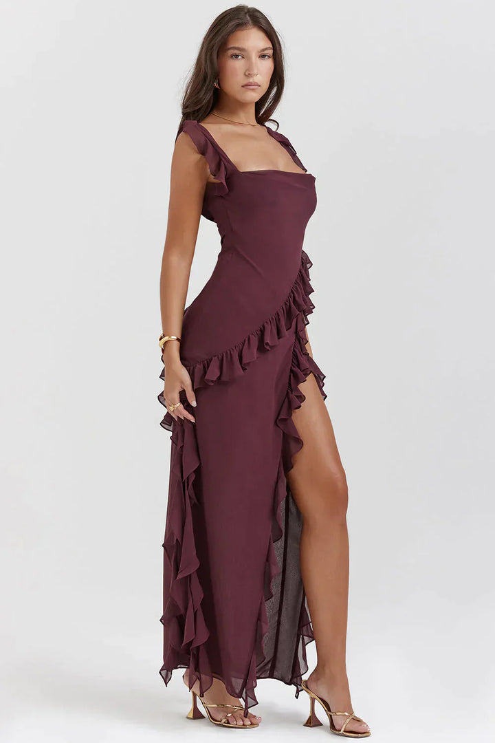 Drune Elegant Kleid | Stilvolles Kleid mit Ausschnitt, Rüschen und rückenfreiem Design