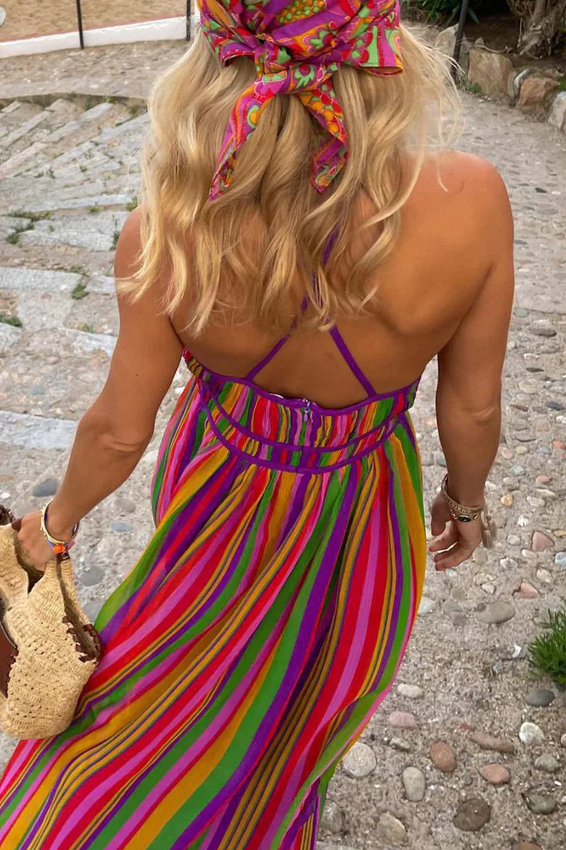 Drune | V-Ausschnitt Kleid mit Kontraststreifen für Den Urlaub