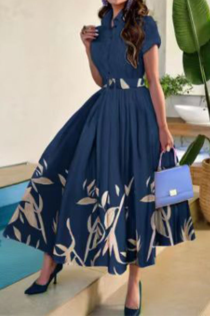Drune | Prominente Elegante Florale mit Gürtel Umgeschlagenen Kragen Bedrucktes Kleid Kurzarmkleid