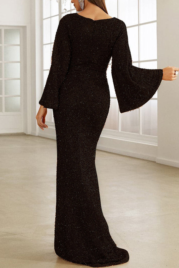 Drune | Elegantes formelles einfarbiges Pailletten V-Ausschnitt Abendkleid Kleider