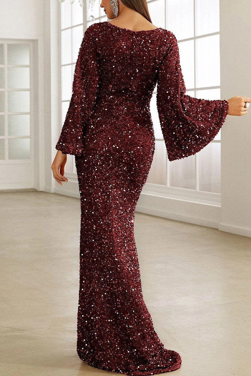 Drune | Elegantes formelles einfarbiges Pailletten V-Ausschnitt Abendkleid Kleider
