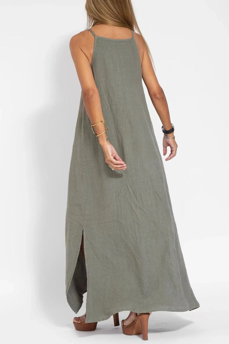 Drune | Casuale Einfachheit Solide Schlitz O-Hals Ärmellos Kleid Kleider- 3 Farben
