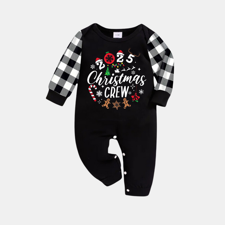 Drune | 2025 Weihnachts Crew Gemeinsam Erinnerungen Schaffen Textdruck Schwarzes Langarmshirt mit Schwarz-weissem Karohosen Familienpassende Pyjamas