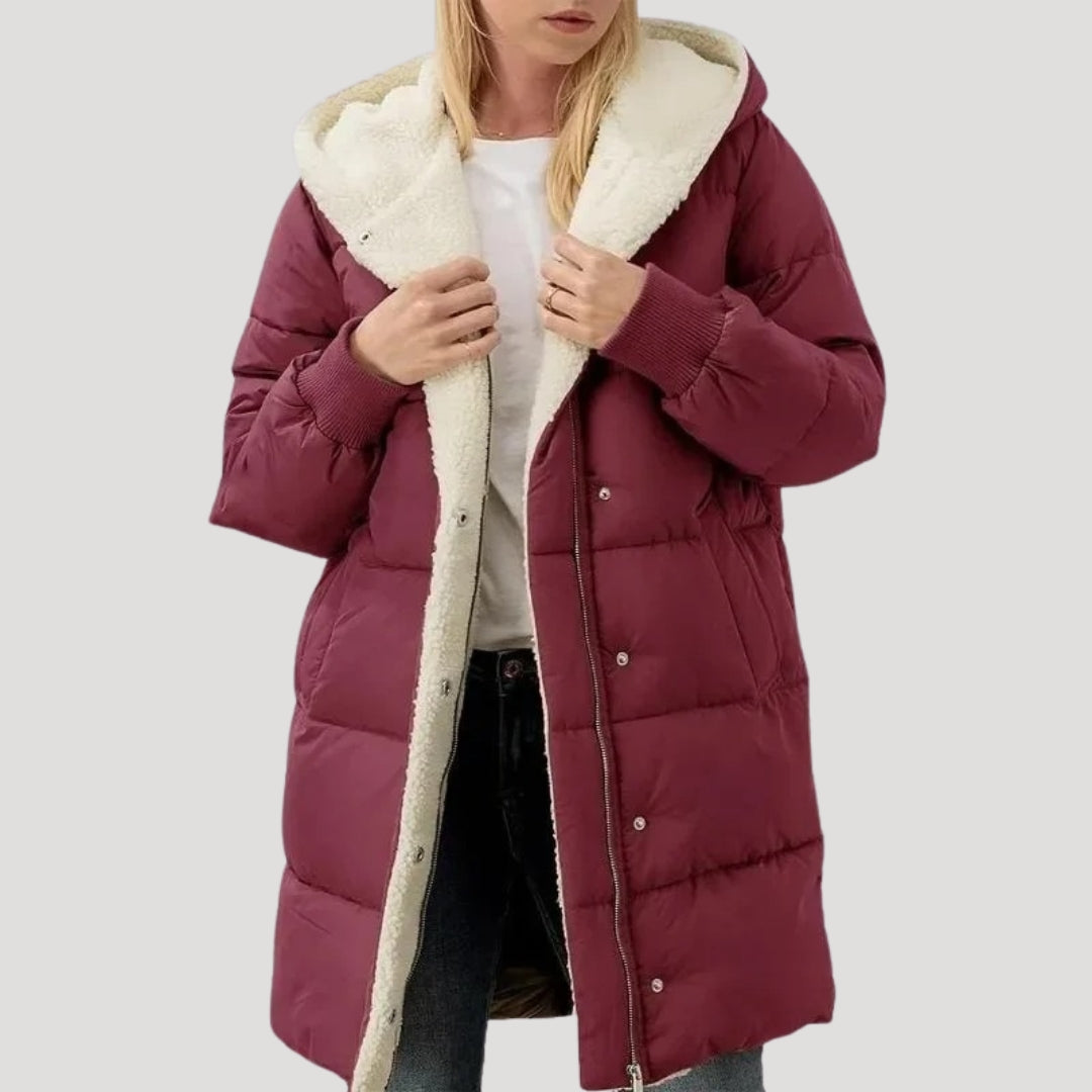 Drune | Damen langer Puffermantel – mit Kunstfell gefütterte Winterjacke