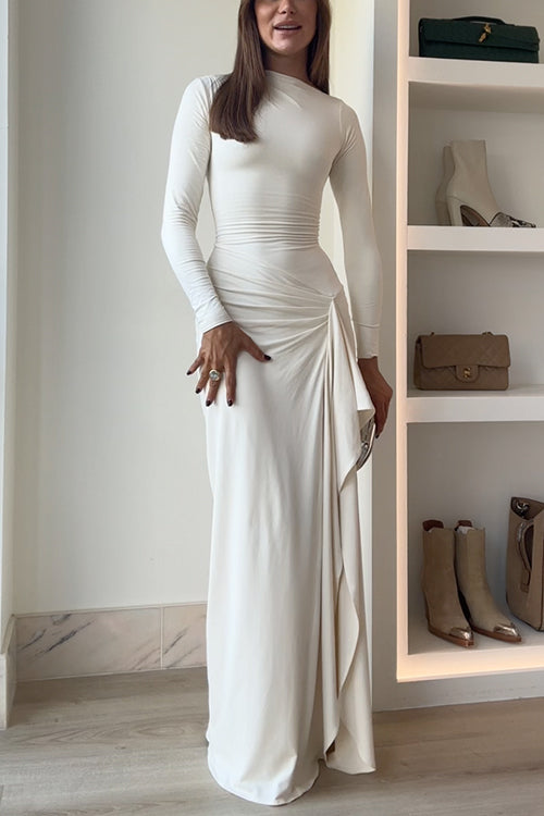 Drune | Lange Ärmel Drapiertes Schlitz Maxi Party Kleid