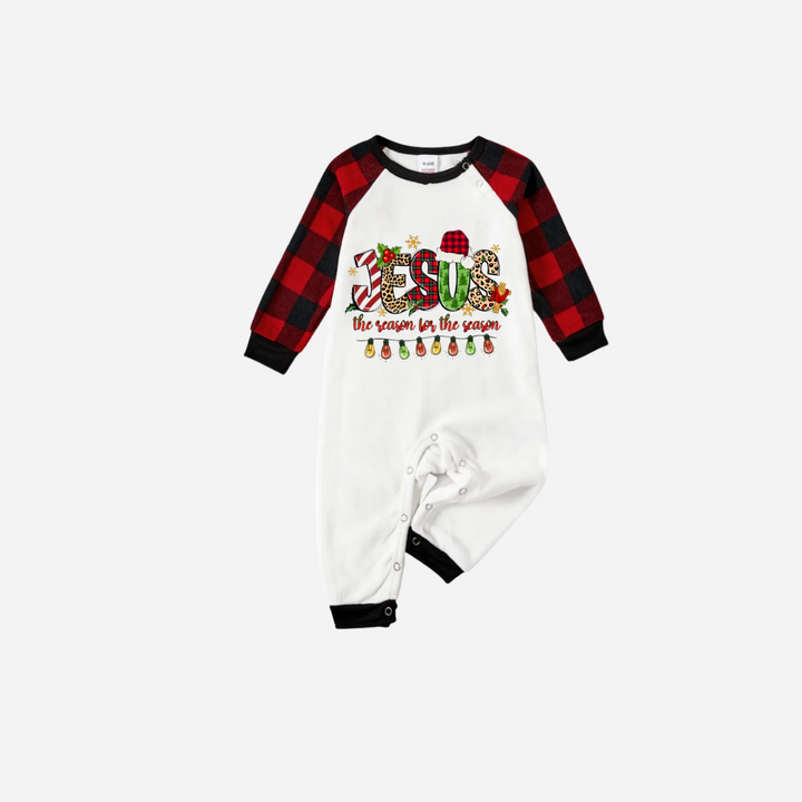 Drune | Jesus der Grund für die Saison Familie Weihnachts-Pyjama-Set - Weißes Oberteil mit roten karierten Ärmeln und Hose