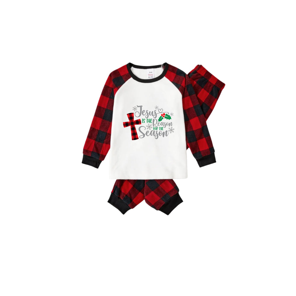 Drune | Weihnachten "Jesus ist der Grund für die Saison" Buchstabenprint Muster Weiß Langarm mit Schwarz&Rot Karierter Hose Familien passende Pyjamas