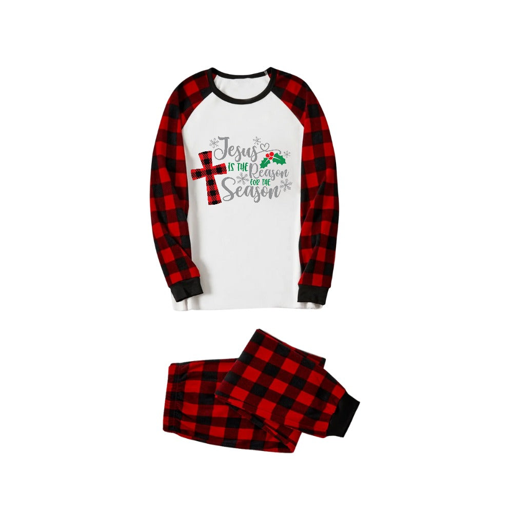 Drune | Weihnachten "Jesus ist der Grund für die Saison" Buchstabenprint Muster Weiß Langarm mit Schwarz&Rot Karierter Hose Familien passende Pyjamas