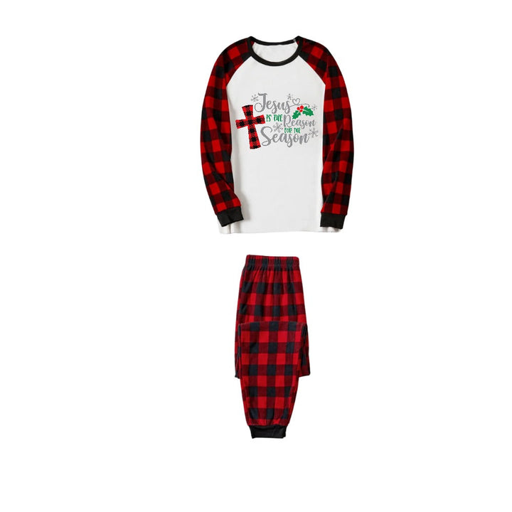 Drune | Weihnachten "Jesus ist der Grund für die Saison" Buchstabenprint Muster Weiß Langarm mit Schwarz&Rot Karierter Hose Familien passende Pyjamas