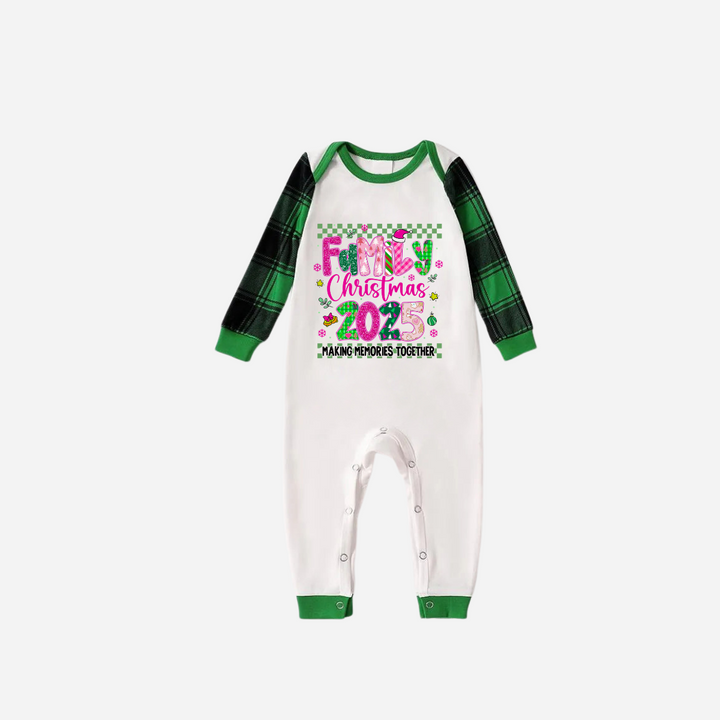 Drune | "Familienweihnachten 2025" Faux Glitter Grün Raglanärmel und Grüner Karierter Weihnachts-Pyjama-Set