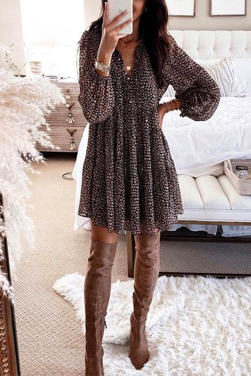 Drune | Rosiedress V-Ausschnitt Leoparden-Swing-Minikleid