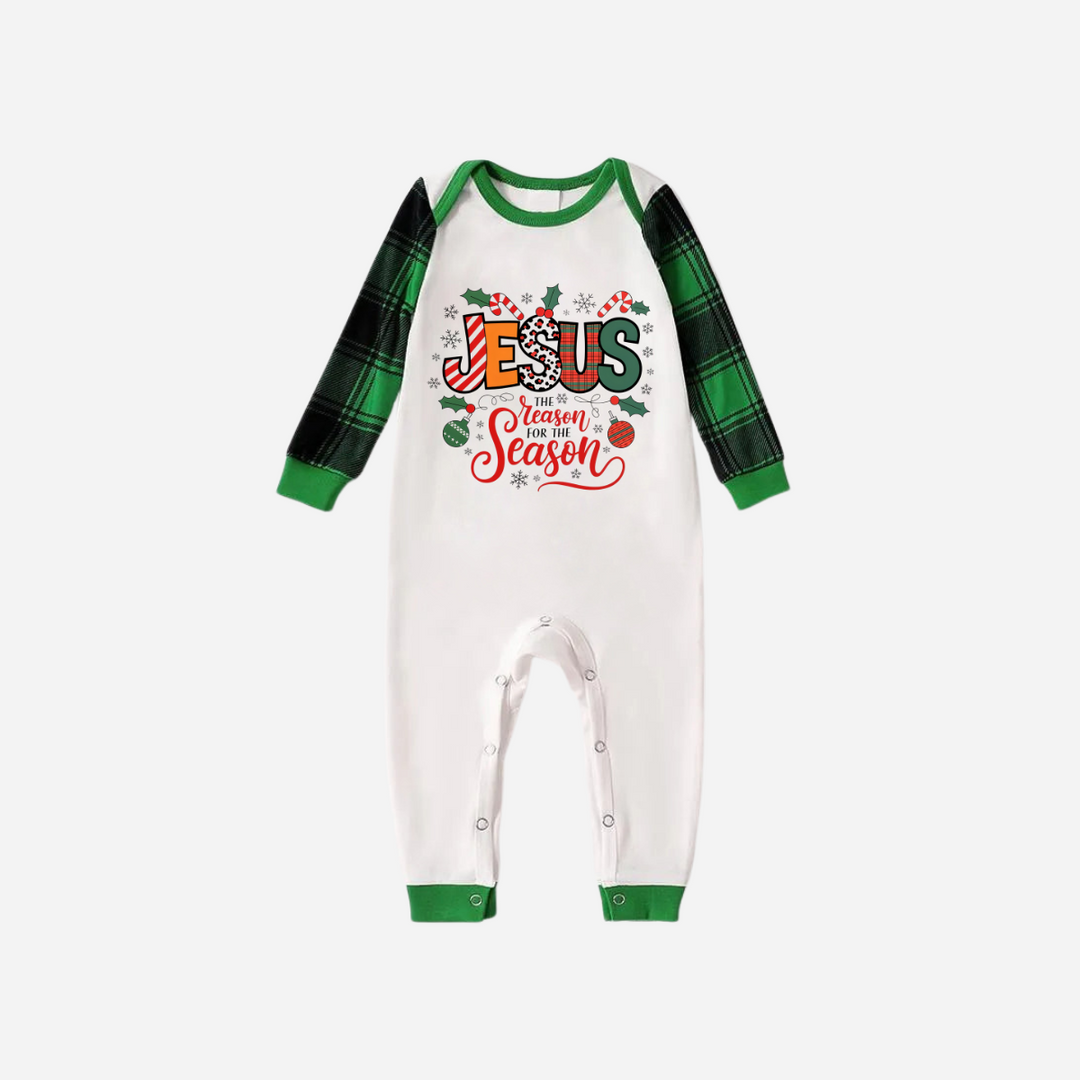 Drune | "Jesus ist der GRUND für die Saison" Passendes Weihnachts-Pyjama-Set - Grünes Raglan-Oberteil und grüne Karottenhose Pyjamas