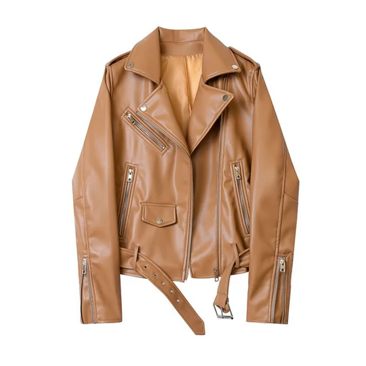 Drune | Damen-Biker-Lederjacke mit Reißverschlüssen und Gürtel