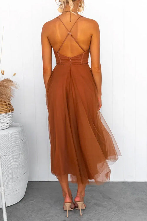 Drune | Rosiedress Offene Rücken Taillierte Swing Maxi Cami Tüll Kleid